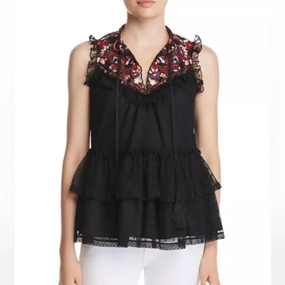 kate spade Camelia Embroidered Peplum Top – Black, Sleeveless, Size S